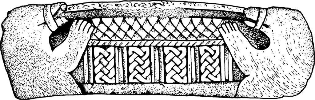 Obr. 7.9 Náhrobek z doby Vikingů se symboly, které jsou odvozeny z kultu medvěda a z představy domova zemřelých, Brompton, hrabství Yorkshire, Anglie. Nigel Pennick